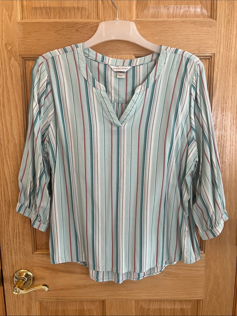 Christopher & Banks Light Aqua Striped V-Neck Blouse XL